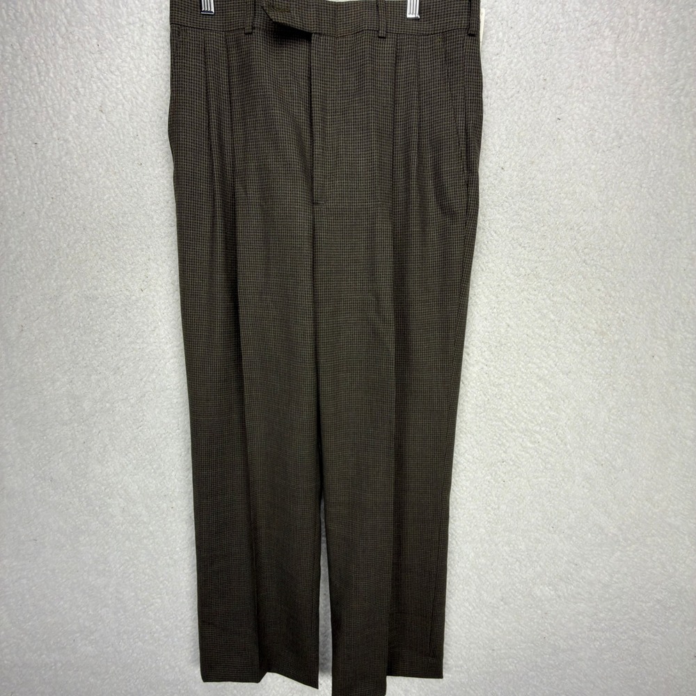 Harmony Justin Mens 32x32 Brown Check 100% Worsted Wool Pleated Dress Pants USA